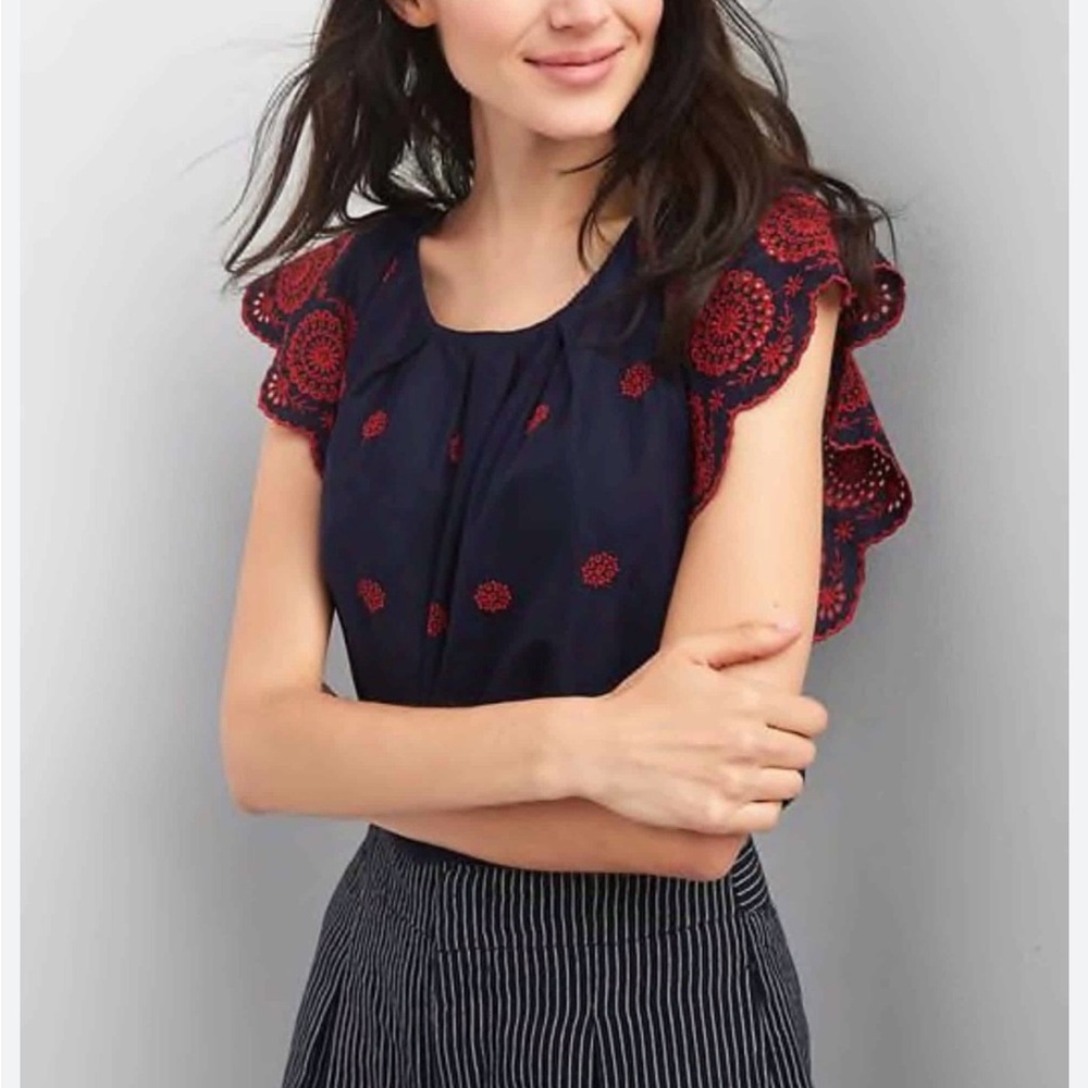 GAP Navy Top with Red Embroidered Flutter Sleeves